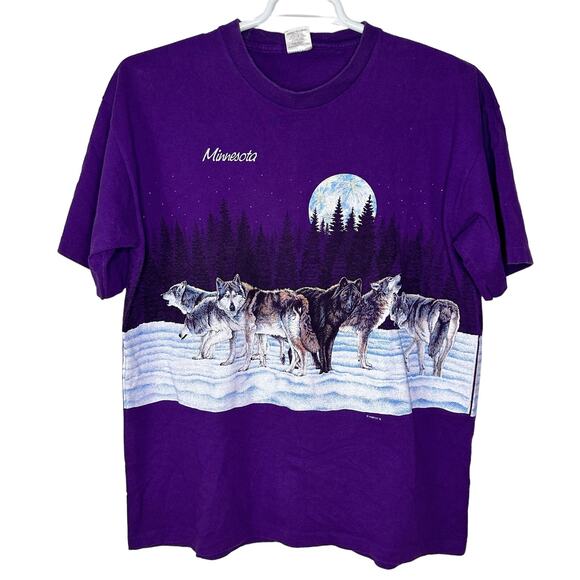Vintage Other - VTG Habitat Men's Large Wolves Wolf Minnesota T Shirt Purple Single Stitch AOP